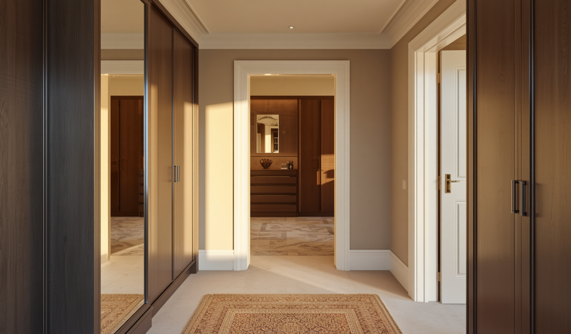 The bespoke hallway storage with integrated mirror stands perfectly organised, while in the background, through open doors,