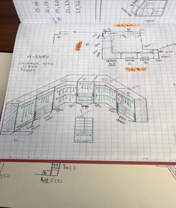 Hand-drawn design plan for a bespoke walk-in wardrobe showing custom cabinet layout, dimensions and storage zones