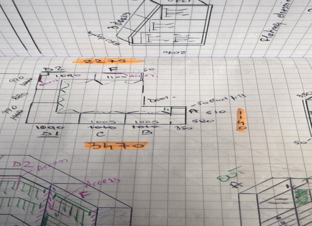 Technical wardrobe measurements and cabinet layout used to plan a made-to-measure walk-in wardrobe in Stanmore
